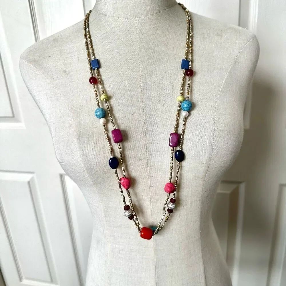 Chico’s double strand gold tone long beaded necklace NWT